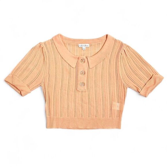 For Love & Lemon Phoebe Pointelle Polo Sweater Sherbet Size M Sweet Coquette - Picture 2 of 15